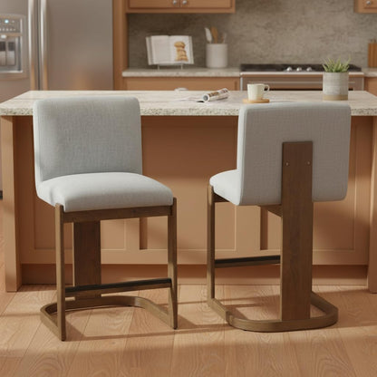 Christopher Knight Home Morant Counter Height Bar Stools Set of 2, 24" Wood Bar Stool for Kitchen Island, Modern Upholstered Kitchen Island Chairs with Wood Frame and Metal Footrest, Light Grey+Walnut