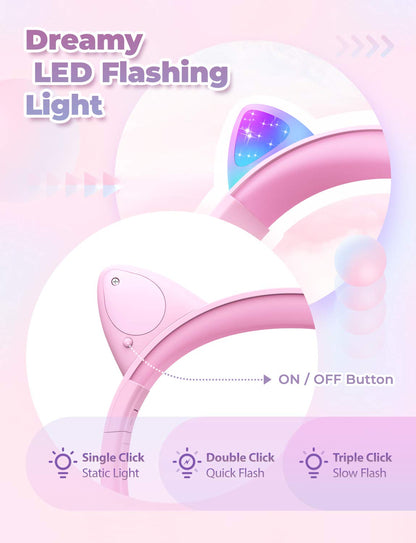 iClever Kids Headphones with Cat Ear Led Light Up, Safe Volume Limite, FunShare, Foldable, Over-Ear Headphones for Kids for School/iPad/Tablet/Travel, Meow Donut-Pink