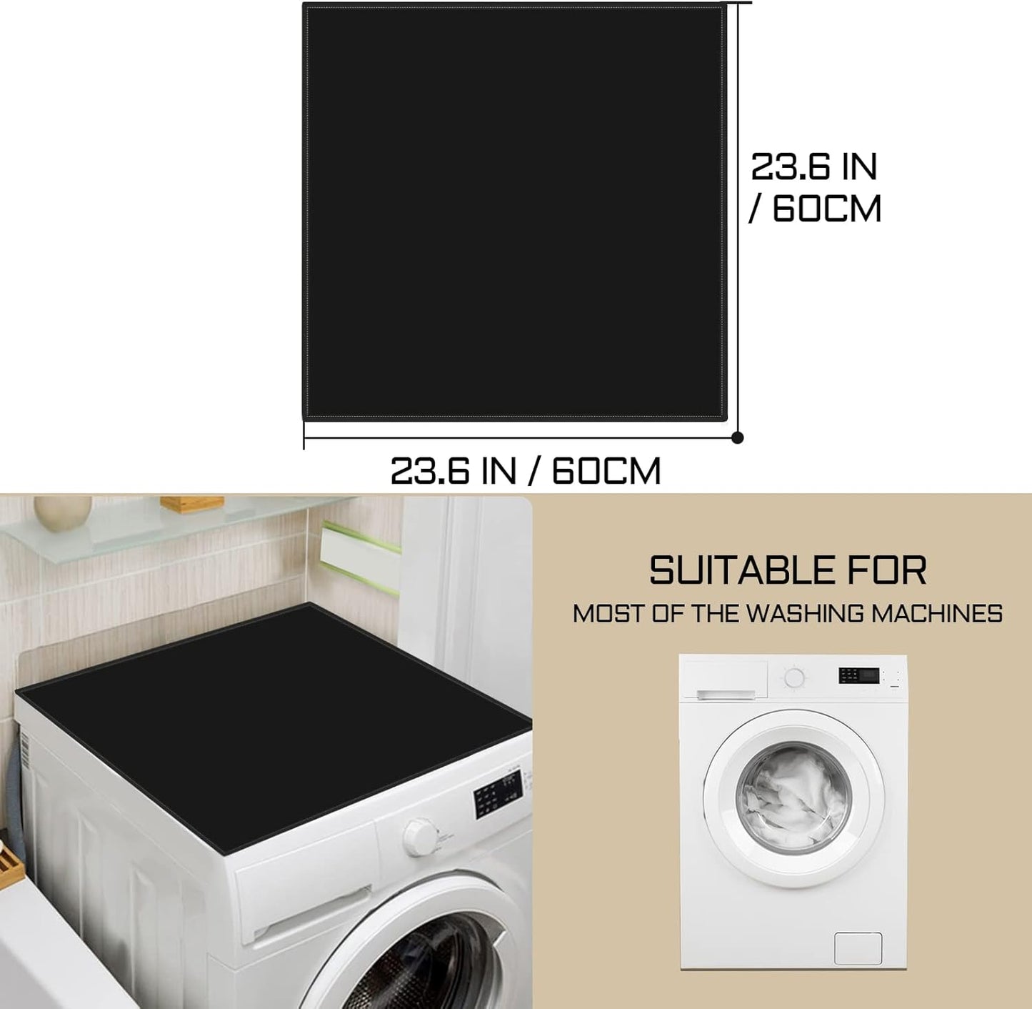 Washer or Dryer Top Mat Cover, Anti-Slip Dust-Proof Top Cover, 23.6'' x 23.6'' Black Covers for Home Kitchen