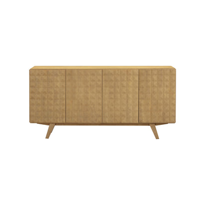 NTC Sapa Mid-Century Modern Solid Wood Sideboard – 4-Door Accent Buffet Cabinet with Carved Geometric Fronts, for Living Room, or Entryway, Effortless Assembly, Sand