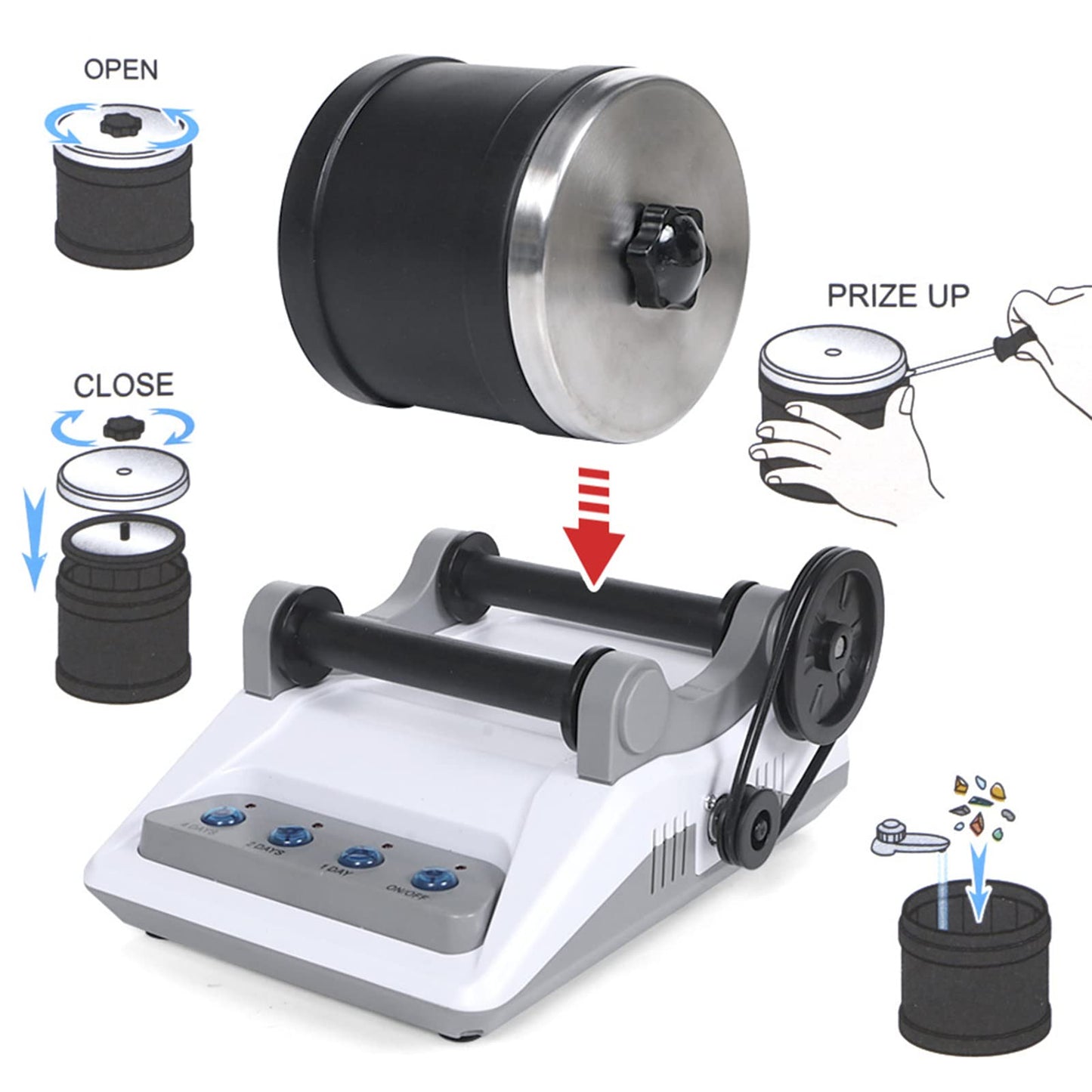 BUAOB Rock Tumbler Kit - Turn Rough Rocks into Beautiful Gems with 7-Day Timer, Includes 2 Belts, Bag of Rough Stones, 4 Stages of Grits: Coarse, Fine, Polishing, Final Polishing