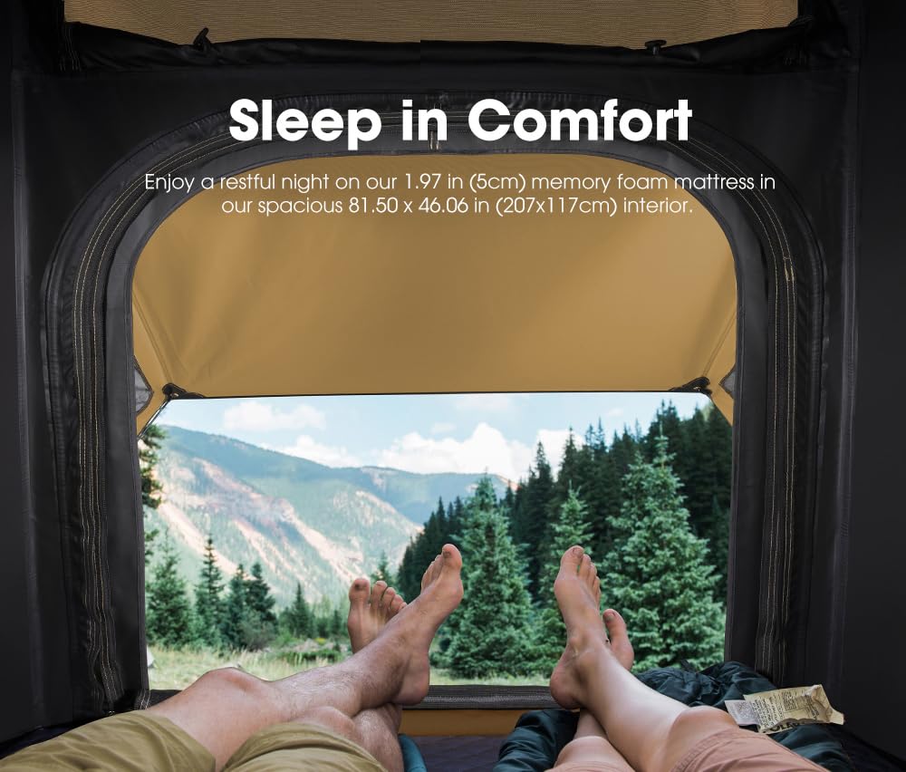 Sanhima Rooftop Tent Hard Shell - Hotham Lite Overland Aluminium Roof Top Tent 4.56" Slimline, w/Tri-Color LED Strip Light & 1.97” Thick Mattress, for Car SUV Truck Camping, 2-3 People Tent (Khaki)