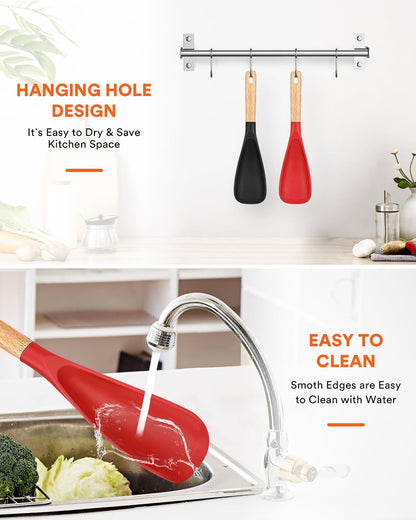 Cooking Spoon for Nonstick Cookwares, Great for Cooking and Serving Sturdy BPA-Free Matte Silicone, Wood Handle Spoon for Mixing, Scoop, and Scrape (Black & Red, 11.4 inch)