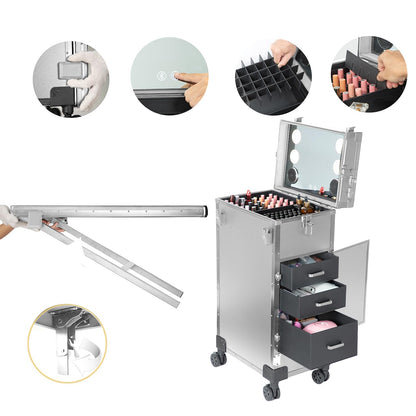 KAJURUI Portable Nail Desk with LED Mirror, Heavy Duty Foldable Manicure Table with 4 Drawers, Rolling Makeup Train Case Cosmetology Trolley on Wheels, Mobile Nail Tech Workstation （White）