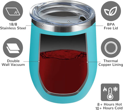 MEWAY Stemless 12 OZ Wine Tumbler Glasses with Lid, Insulated Double Wall Vacuum Stainless Steel