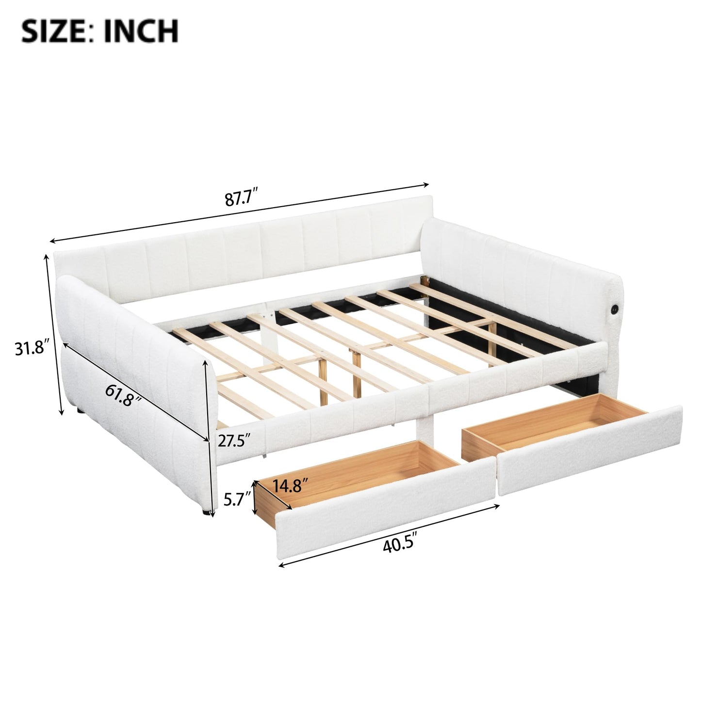 Ball & Cast Queen Size Daybed with Storage Drawers and USB Port,Upholstered Day Bed Frame with Channel Tufted Backrest and Armrest, Boucle Fabric,No Box Spring Needed,White