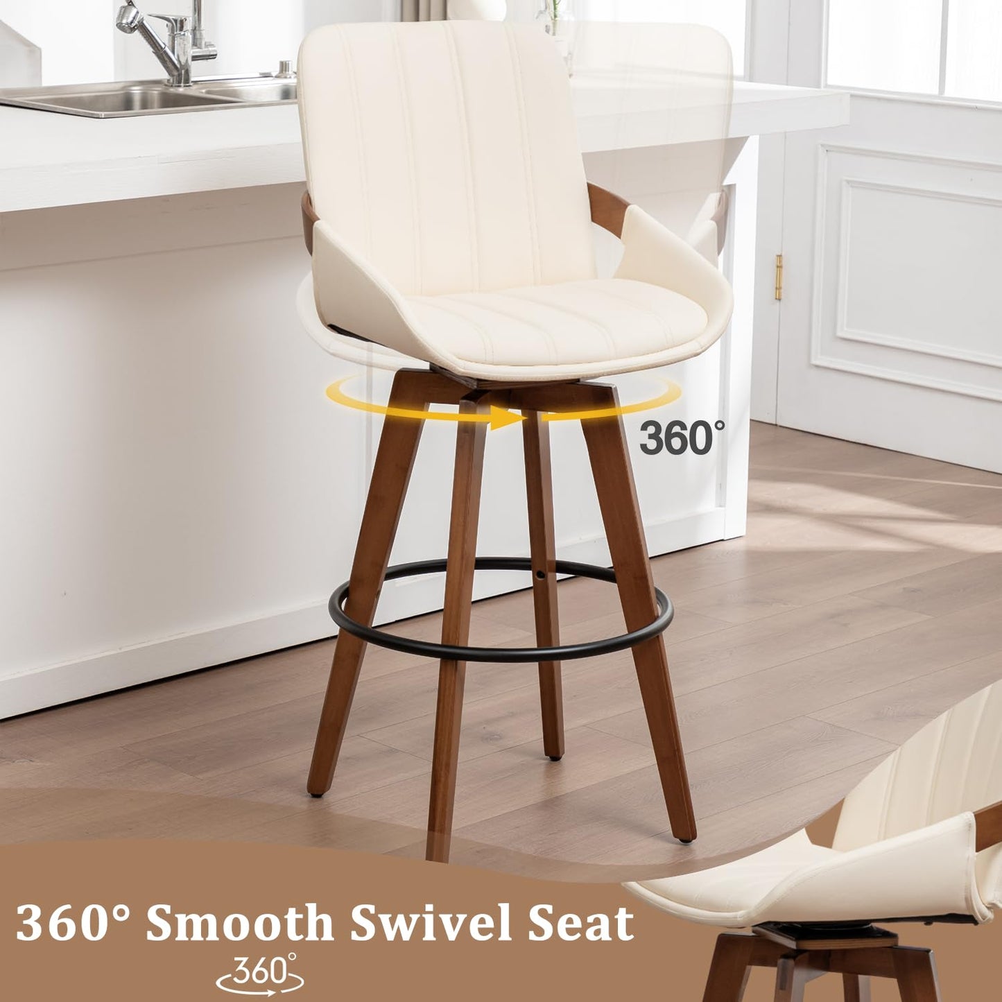 AQG Counter Stools Set of 2, 26.3 Inch Mid Century Modern Counter Height Bar Chairs, Swivel Barstools with Walnut Craft, Faux Leather Upholstered Furniture for Island/Counter (Beige, 26.3"-2 PCS)