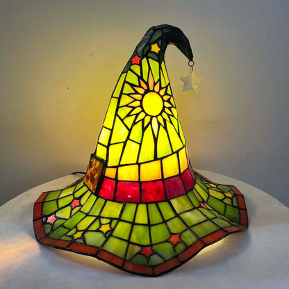 Bieye L13011 Tiffany Style Stained Glass Wizard Hat Table Lamp with Hanging Star, Handcrafted Fantasy Witch Hat Accent Light for Magical Home & Halloween Décor