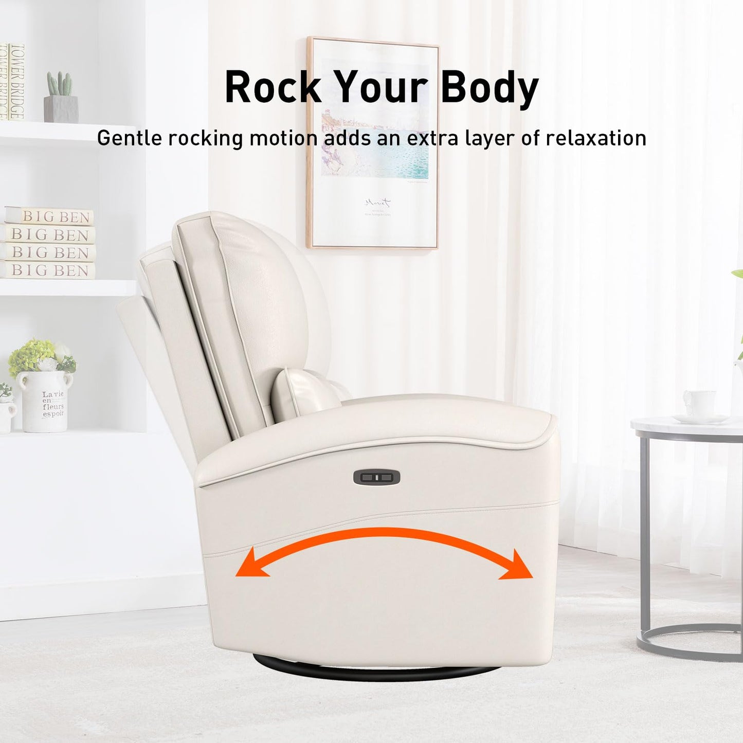 Bonzy Home Power Swivel Rocker Recliner Chair with USB Port, 23.2" Wide Seat, Fixed Lumbar Support, Upholstered Glider Chair for Nursery Living Room, Beige