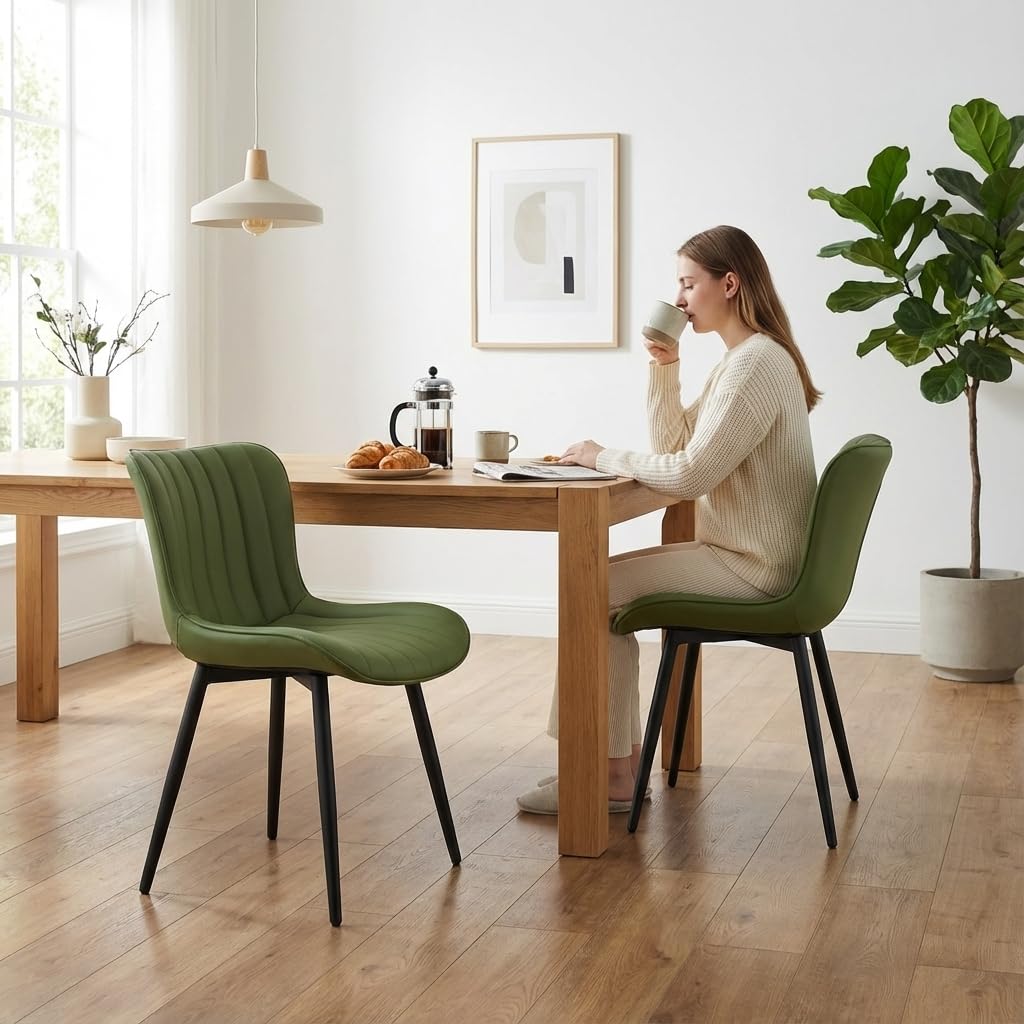 YOUNUOKE Mid-Century Modern Dining Chairs Set of 2, Olive Green Faux Leather Upholstered Accent Chairs with Black Metal Legs, Armless Side Chair for Dining Room, Guest Reception Room