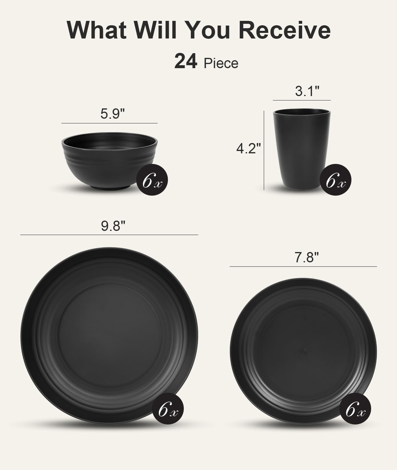 Quatish 24 Piece Plates and Bowls Sets for 6, Unbreakable Dinnerware Sets, Dish Set for Camping, Dishwasher Microwave Safe, Outdoor Kitchen and Apartment Dinning RV Essentials, Black