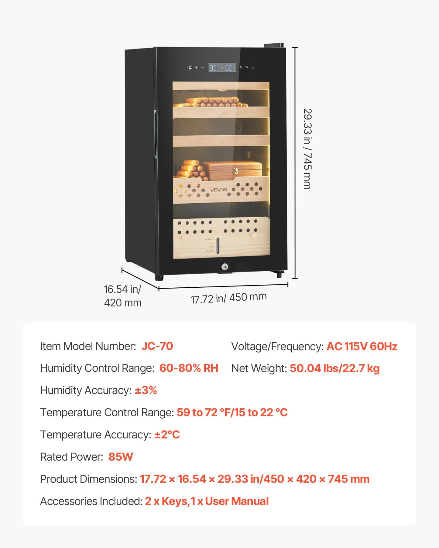 VEVOR Electric Humidor, 70L, 400 Counts Electric Cigar Humidor Cabinet with Compressor Cooling, Constant Humidity & Temperature Control, Spanish Cedar Wood Shelves & Drawers, 4 Layers, for Household