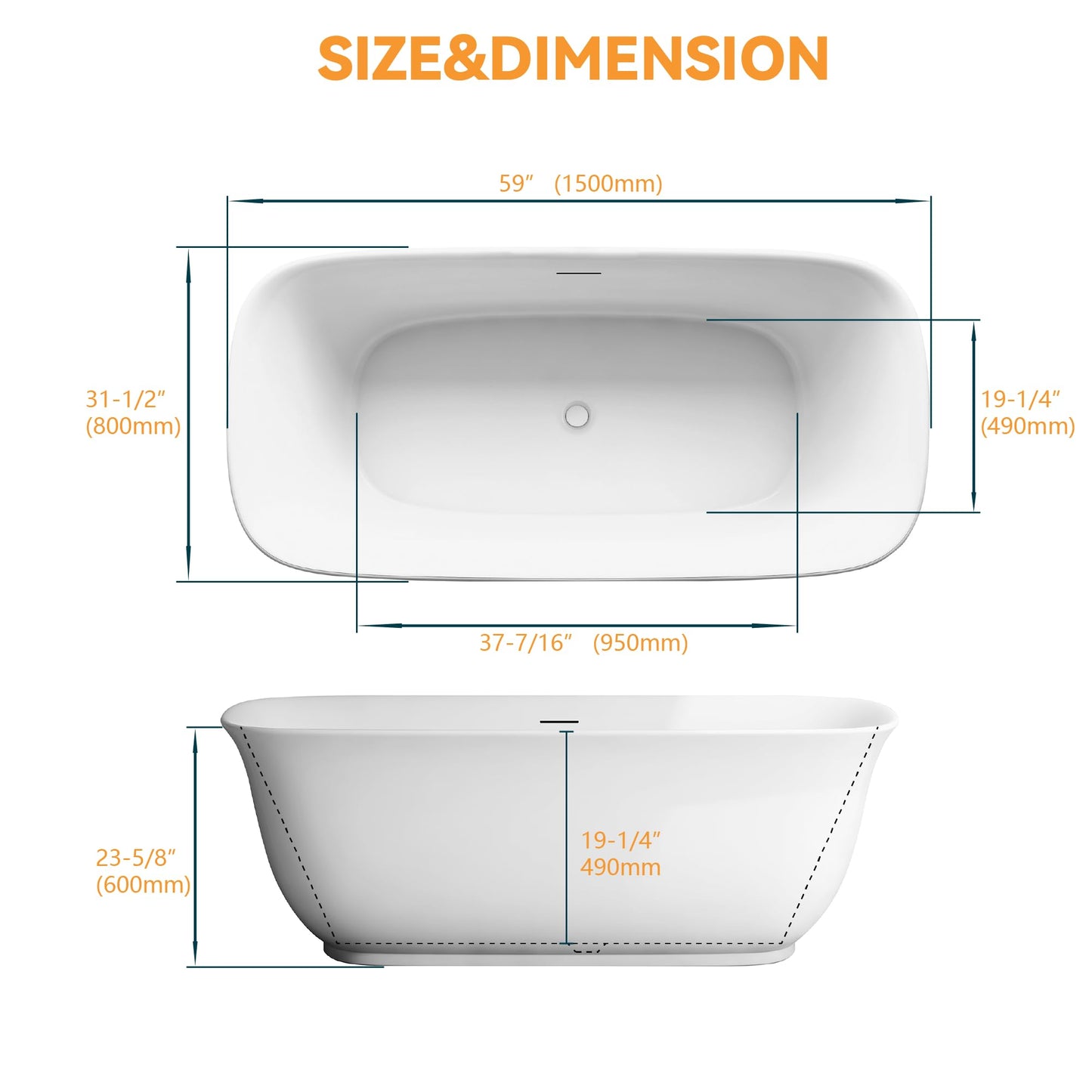 Adecab 59" Acrylic Freestanding Bathtub, Soaking Tub for Bathroom, Stand Alone Tub, cUPC Certified, Integrated Overflow and Drain, Gloss White