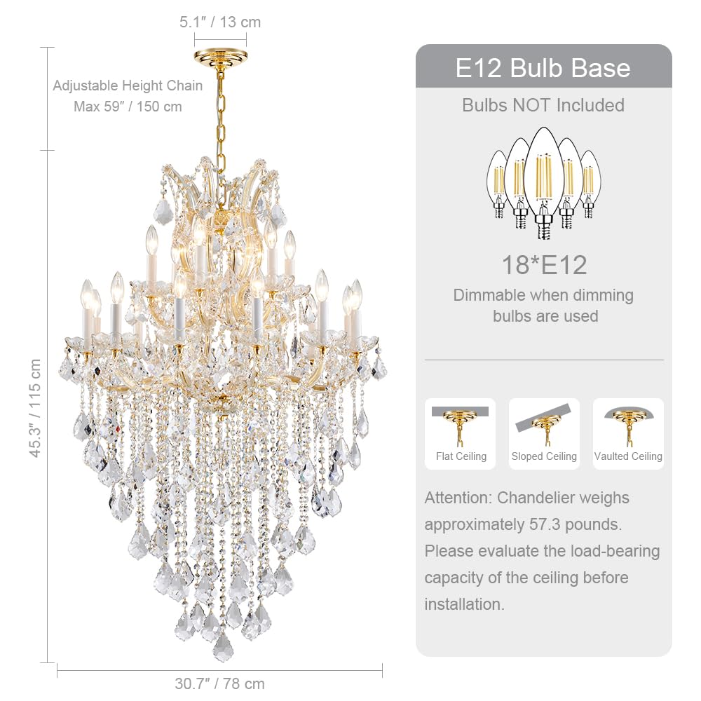 DUNFIZZ Large Modern Gold Crystal Chandeliers 18-Light Foyer Chandelier for High Ceiling Maria Theresa Crystal Chandelier Light Fixture for Living Room Staircase Entryway Hallway, H45 x W31