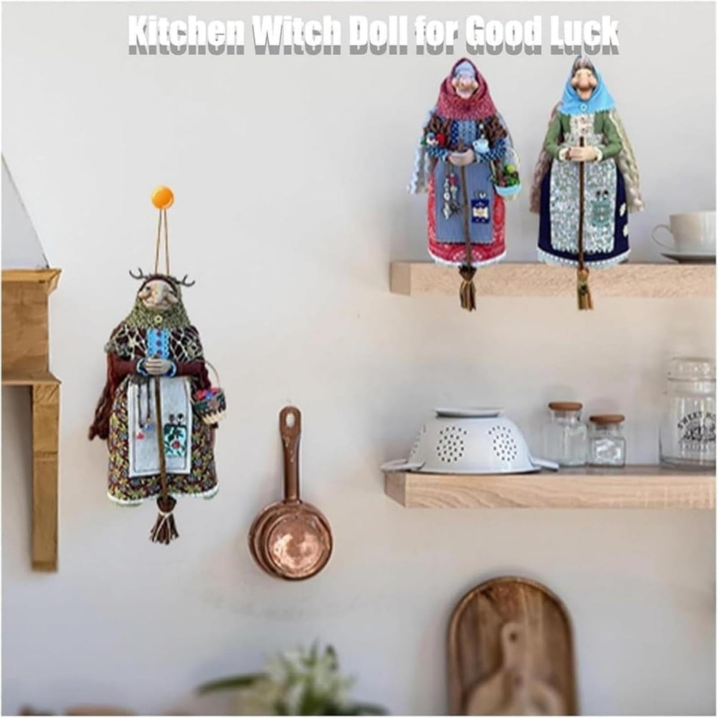 Handmade Kitchen Witch Doll, Good Luck Cooking Dolls Hanging Ornament, Unique Home Decor Figure on Broomsticks for Cooks, Festive Lucks Charm Decoration for Culinary Enthusiasts(C)