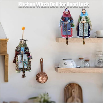 Handmade Kitchen Witch Doll, Good Luck Cooking Dolls Hanging Ornament, Unique Home Decor Figure on Broomsticks for Cooks, Festive Lucks Charm Decoration for Culinary Enthusiasts(A)