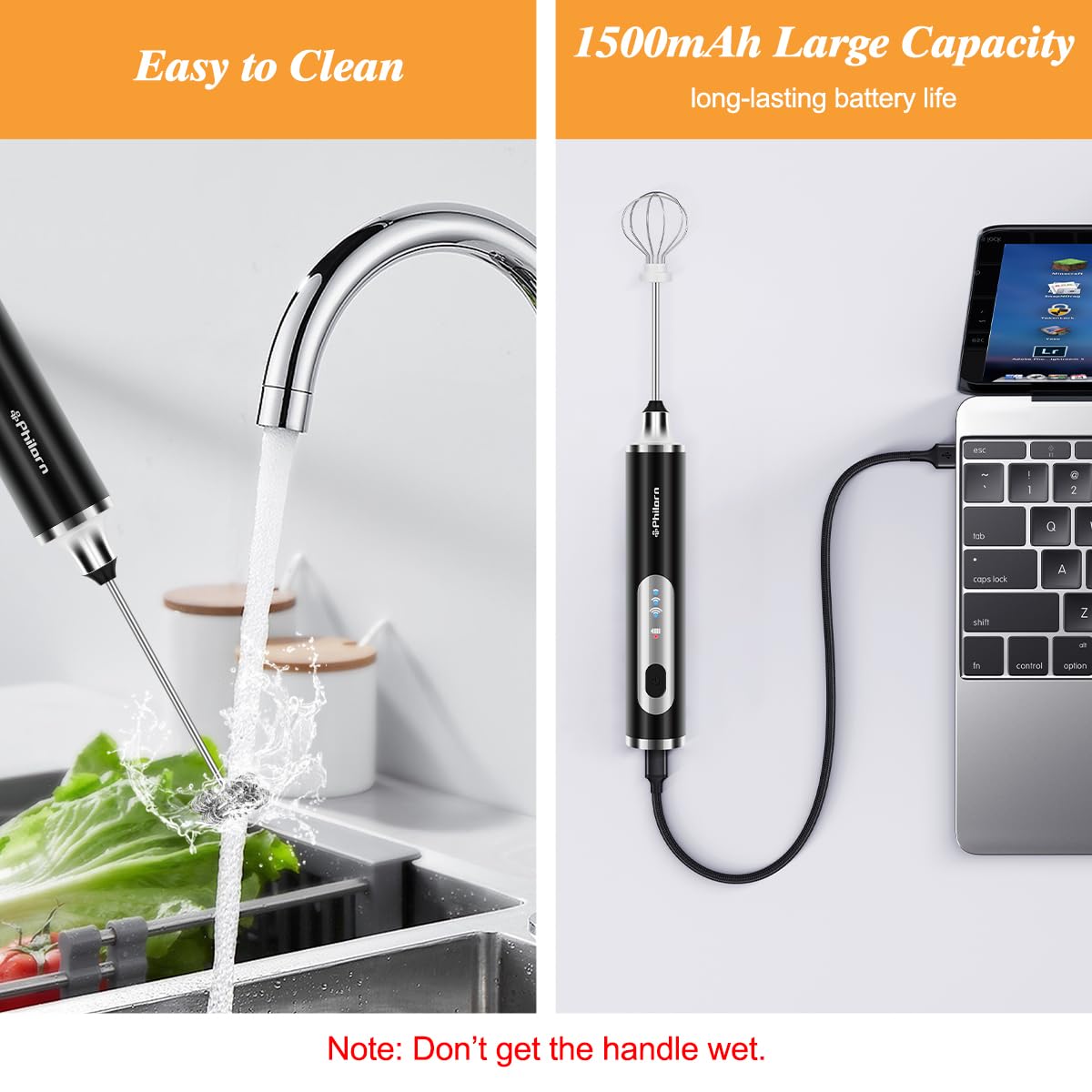 Philorn Milk Frother Wand Rechargeable, Handheld Coffee Drink Mixer Frother Foam Maker with 3 Heads 3 Speed for Lattes, Cappuccino, Frappe, Matcha, Hot Chocolate Egg Black (Black)