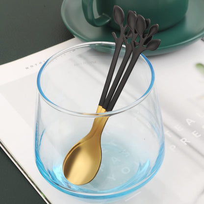 AnSaw Small Coffee Spoon Holder Set,Black Swan Base With 10 Pcs Black & Gold Demitasse Espresso Spoons Set,4.7" Mini Leaf Dessert Spoon,Stainless Steel Tea Spoons