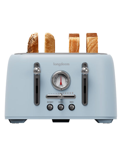 LONGDEEM 4-Slice Retro Toaster, 1.6" Extra-Wide Slots, 6 Browning Levels, Bagel/Defrost/Cancel, Stainless Steel, Compact Blue