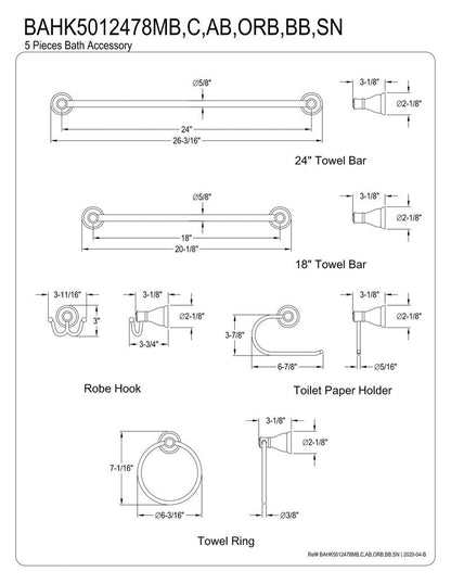 Kingston Brass BAHK5012478SN Mesa Verde 5-Piece 18-Inch and 24-Inch Towel Bars Bathroom Accessory Set in Brushed Nickel