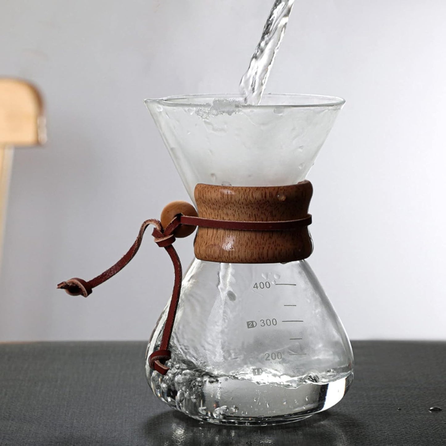 TOPINCN Double Layer Filter V Spout Wooden Sleeve Pour Over Coffee Maker 400ml Capacity, Clear Scale Glass Material