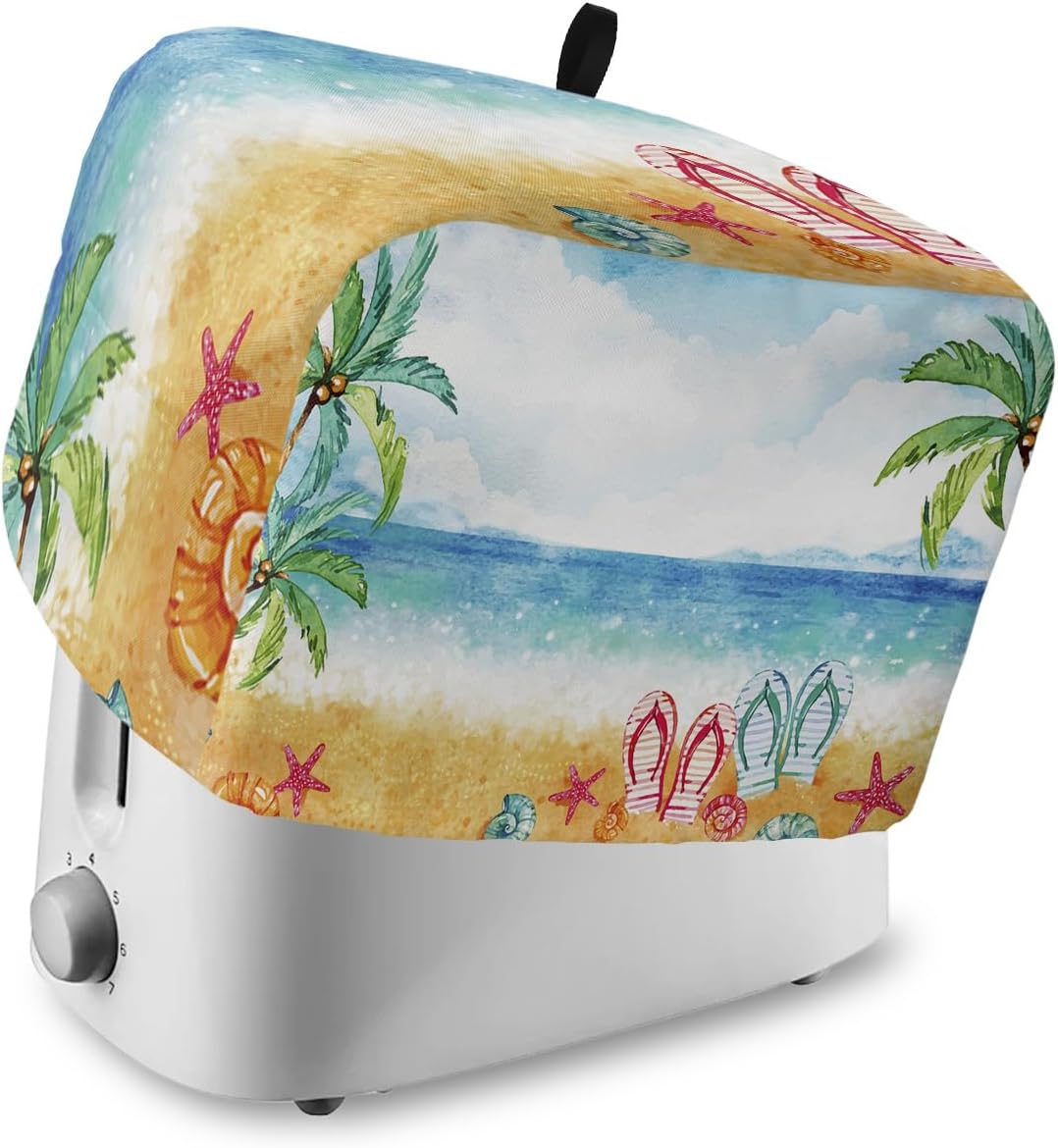 Toaster Dust Cover with Pockets, Watercolor Beach Coconut Tree Design, Soft Washable 4 Slice Dust-proof Cover