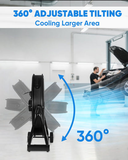 KEN BROWN 24 Inch Industrial Drum Fan, High Velocity Floor Shop Fan, Heavy Duty, 9500 CFM, 8 Blades, 3 Speeds, 360 Degree Tilt, Ideal for Industrial, Commercial, Gym, Garage Use, Black