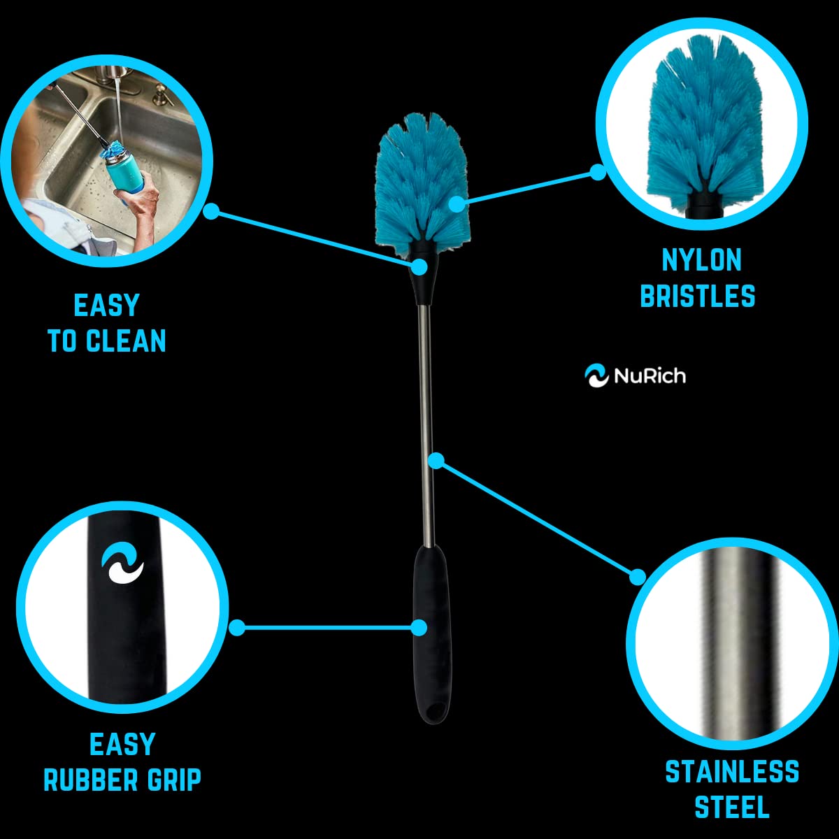 NuRich Long Bottle Brush for Water Bottles - Heavy Duty Stainless Steel Cleaning Brush with Non-Slip Grip, Compatible with Hydro Flask, Yeti, Nalgene, Owala & More Reusable Bottles