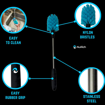 NuRich Long Bottle Brush for Water Bottles - Heavy Duty Stainless Steel Cleaning Brush with Non-Slip Grip, Compatible with Hydro Flask, Yeti, Nalgene, Owala & More Reusable Bottles