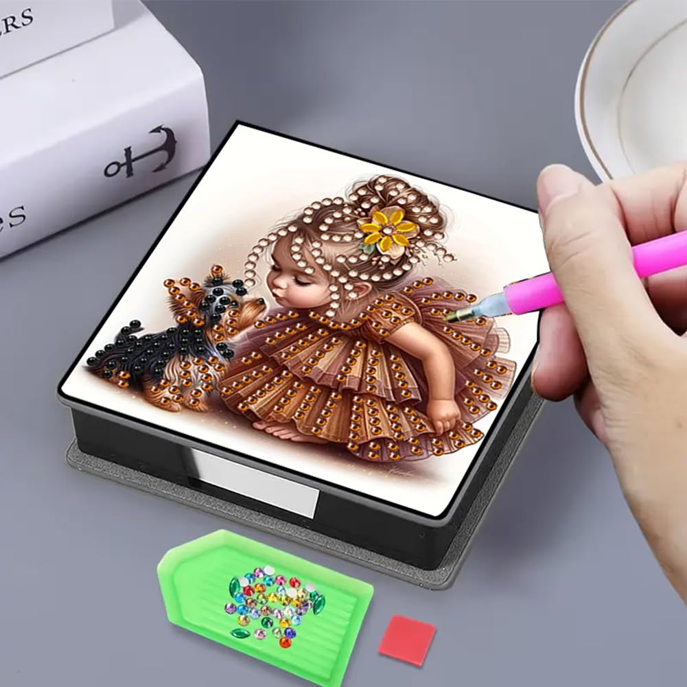 FRANDEK Girl and Dog Creative Diamond Art Desk Organizer, DIY PU Note Box with 160 Sheets, All-in-One Gift Set for Craft Lovers, Elegant Mosaic Kits for Home & Office