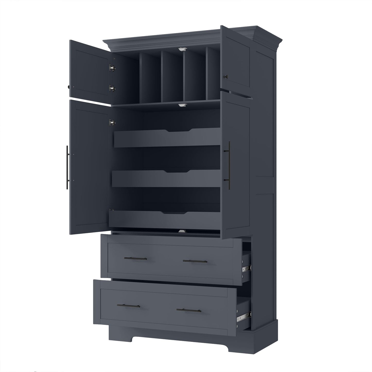 Merax 72.6" Farmhouse Kitchen Pantry Cabinet with Pull-Out Trays & Drawers, Freestanding Pantry with Cake Pan Storage, 4-Door Shaker Style Storage Cabinet, 40" L x 18" W, Grey