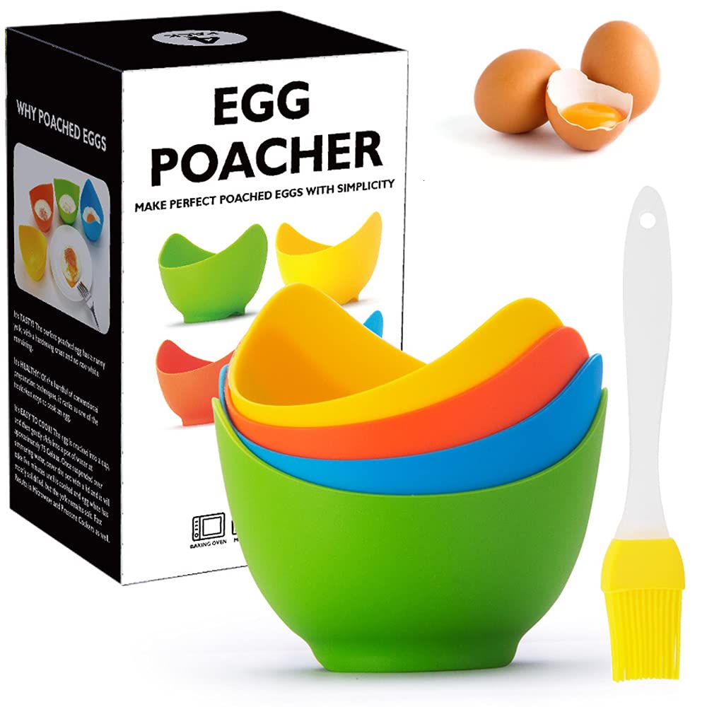 Silicone Egg Poacher Cups with Ring Standers, Egg Boiler Mold Cup for Microwave Air Fryer Stovetop Cooking, Non-Stick, BPA-free, Set of 4