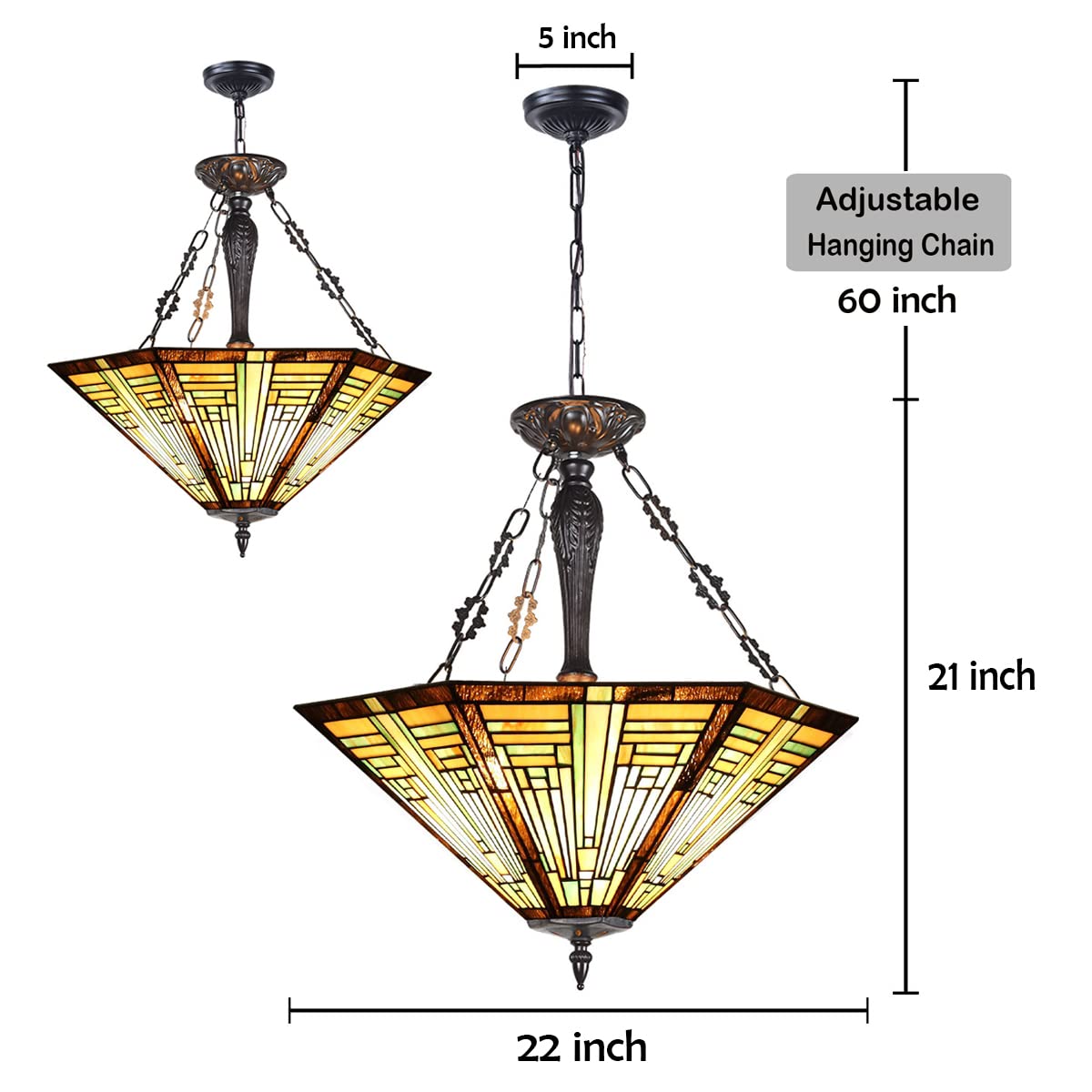 COTOSS Tiffany Pendant Light Fixtures,22" Wide Large Stained Glass Inverted Ceiling Pendant for Dining Room,Antique Style 3 Lights Hanging Lamp for Sitting Room Foyer