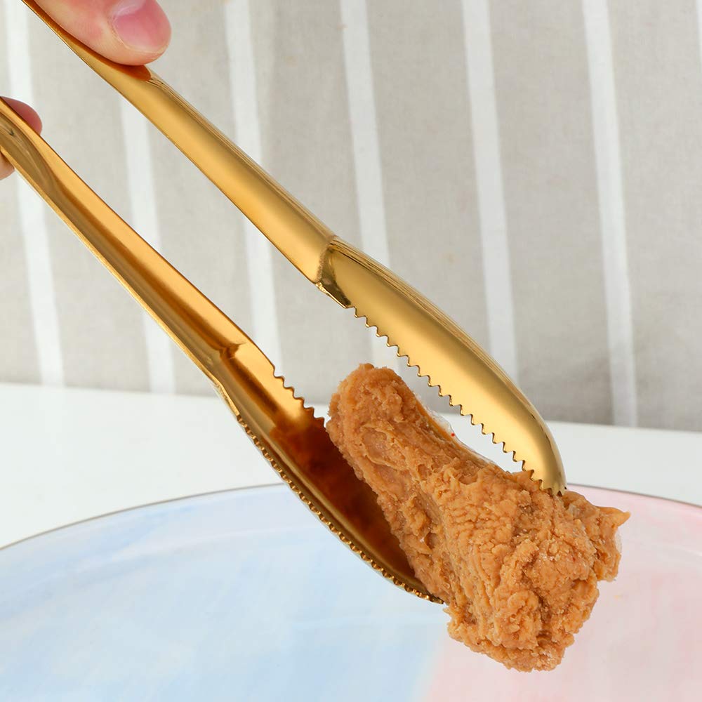 BYEGOU 6 Pieces Stainless Steel Food Serving Tongs, 9-Inch Gold Kitchen Tongs with Non-Slip Serrated Tips, Ideal for Buffet, BBQ, Restaurant, Party, Kitchen Home Use, Dishwasher Safe
