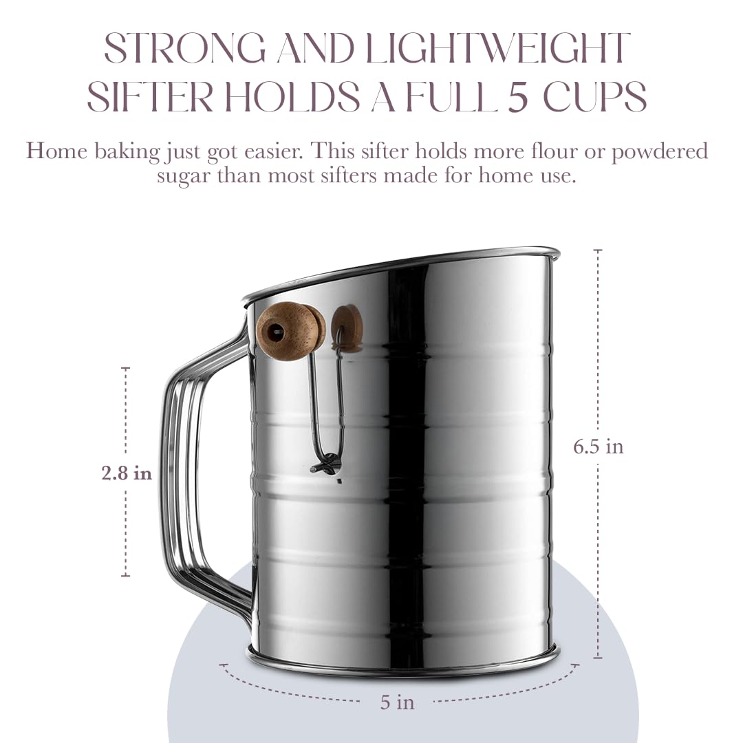 Bellemain 5 Cup Flour Sifter for Baking Fine Mesh Rotary Hand Crank with Loop Agitator for Quick Sifting, Flour Sifter Stainlees Steel