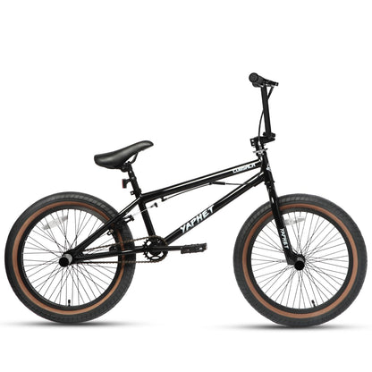 cubsala Freestyle BMX Bike, 20 Inch Yaphet Bicycle for Teen Beginner Adult Riders, Bike with 360° Rotating Handlebar and 4 pegs, Black with Brown Tire