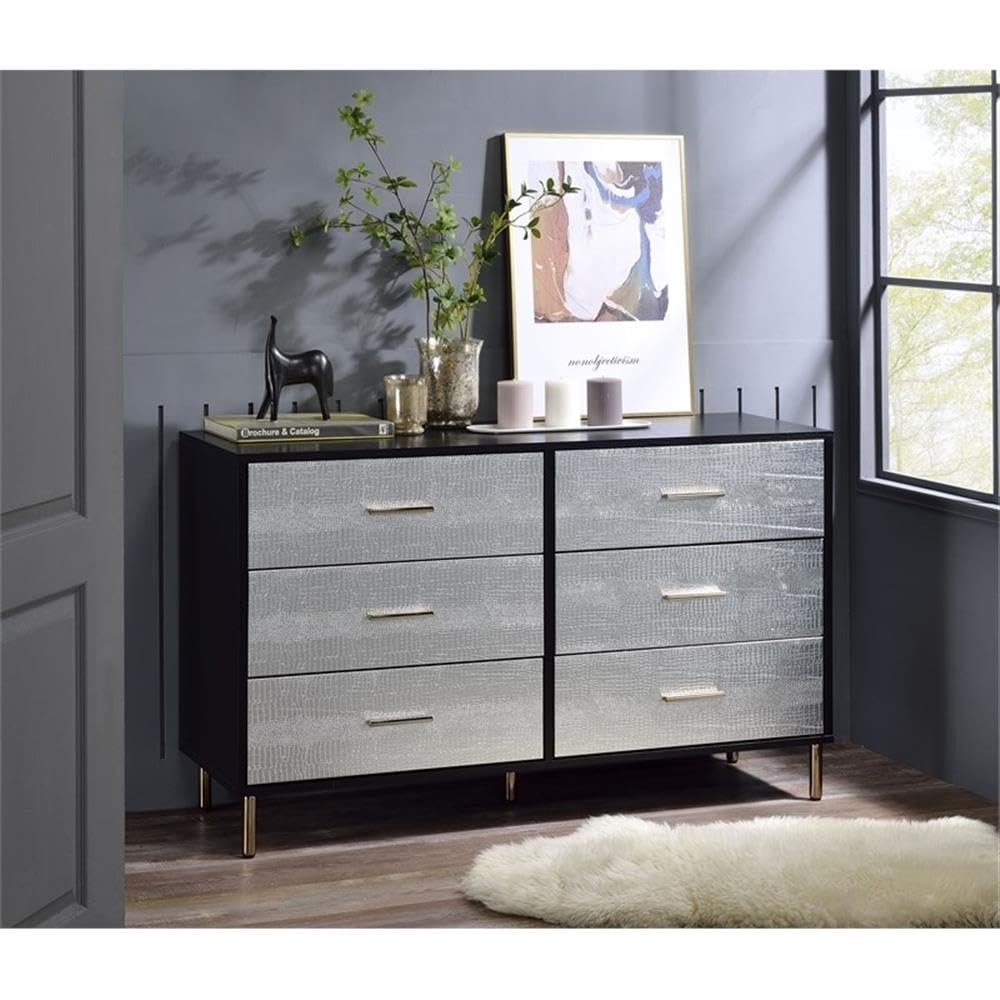 Acme Furniture 6 Drawers Wooden Dresser, Black, Silver and Gold