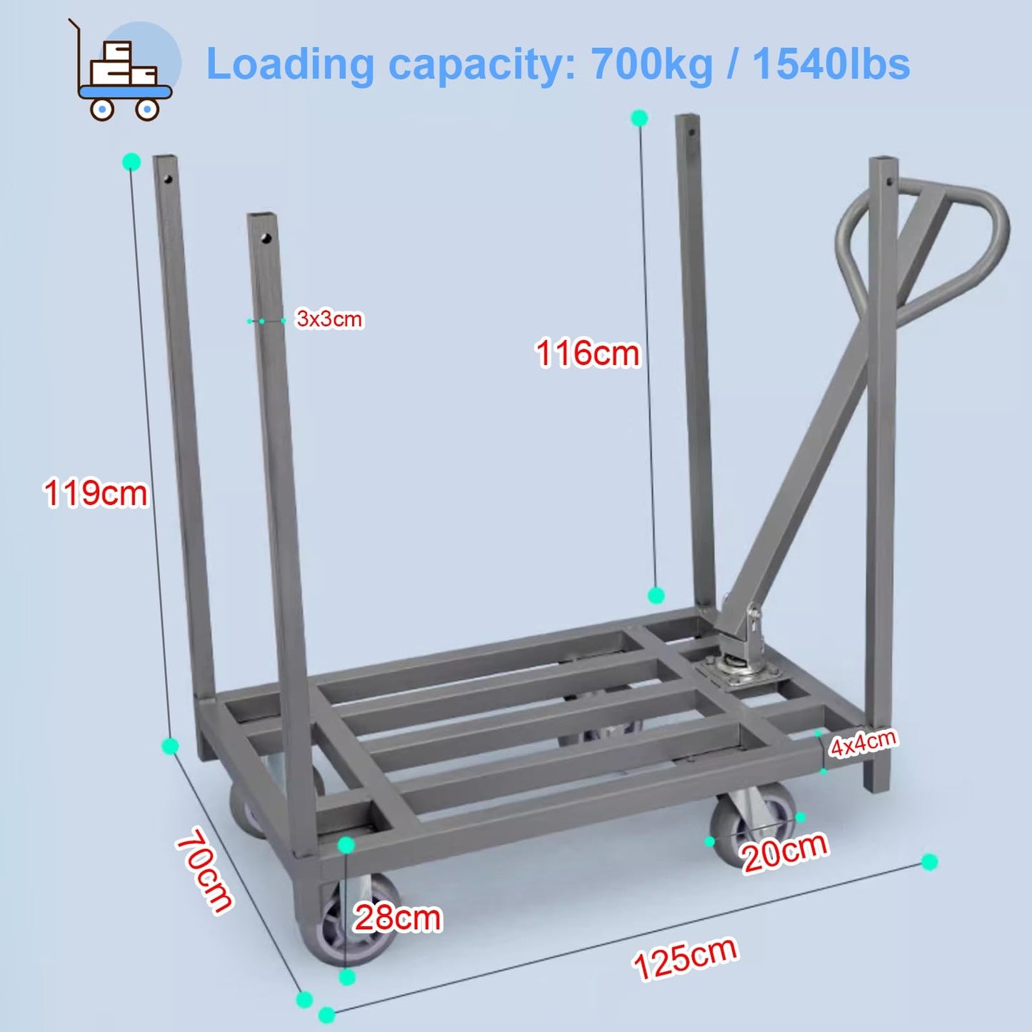 Heavy Duty Folding Platform Trolley with Removable Armrest and Fence Pole, Commercial Cloth Pulling Cart for Warehouse Factory Workshop, Easy Installation