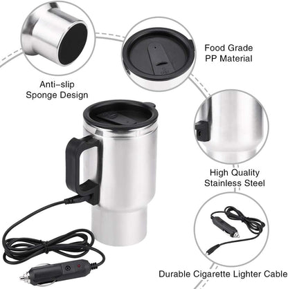 Keenso 12V Electric Car Cup Travel Heating Cup, 450ml Stainless Steel Electric Kettle Coffee Mug Heater