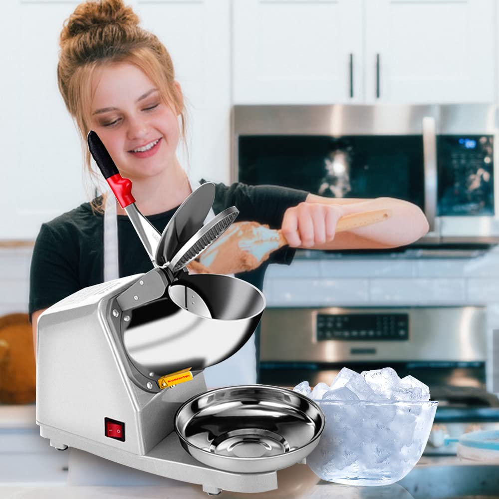 Yahpetes Electric Shaved Ice Machine 1Pcs Electric Dual Blades Ice Crusher Shaver Snow Cone Maker Machine 187lbs/hr for Home and Commercial Use (Silver)