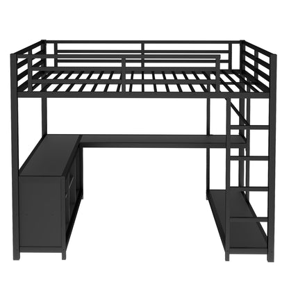 Bellemave Queen Size Loft Bed with Desk & Clothes Rack, All-in-One Heavy Duty Metal Loft Bed Frame with Storage Cube & Shelf, Space Saving Loft Bed Queen Size for Adult, Teen, Kids, Apartment, Black