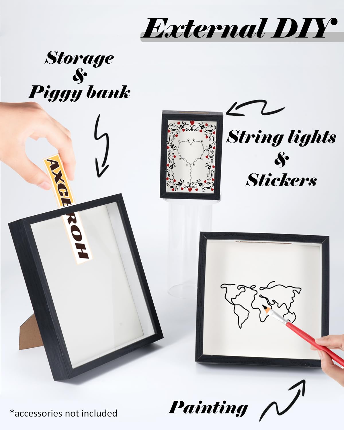 8"x8" Shadow Box Display Frame with Slot,Top Loading Adventure Archive Case, MDF & Acrylic Panel, for DIY 3D Travel Memories Tickets Pictures Dry Flowers Awards Medals Piggy Bank, Black