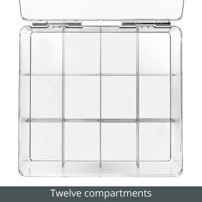 mDesign Plastic Kitchen Organiser — Practical Storage Box with 12 Compartments and Hinged Lid — Pantry Storage Box with Lid for Tea, Coffee, Spices and Other Foodstuffs — Clear