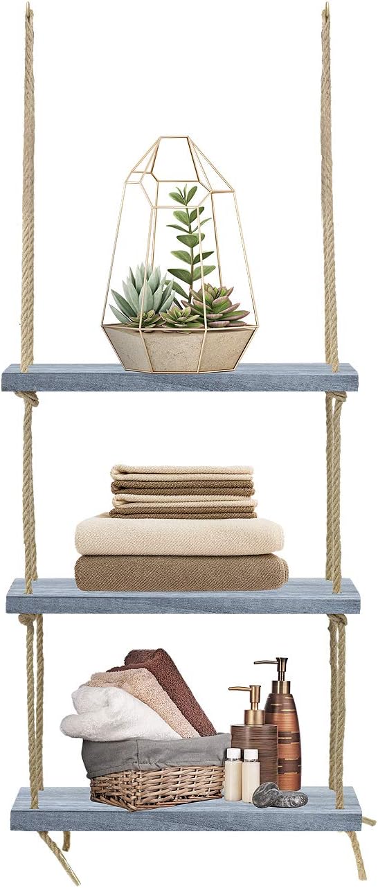 Sorbus 3-Tier Rustic Wood Hanging Shelf, Wood Swing Storage Shelves Rope Organizer Rack, Floating Display Shelves (Grey)