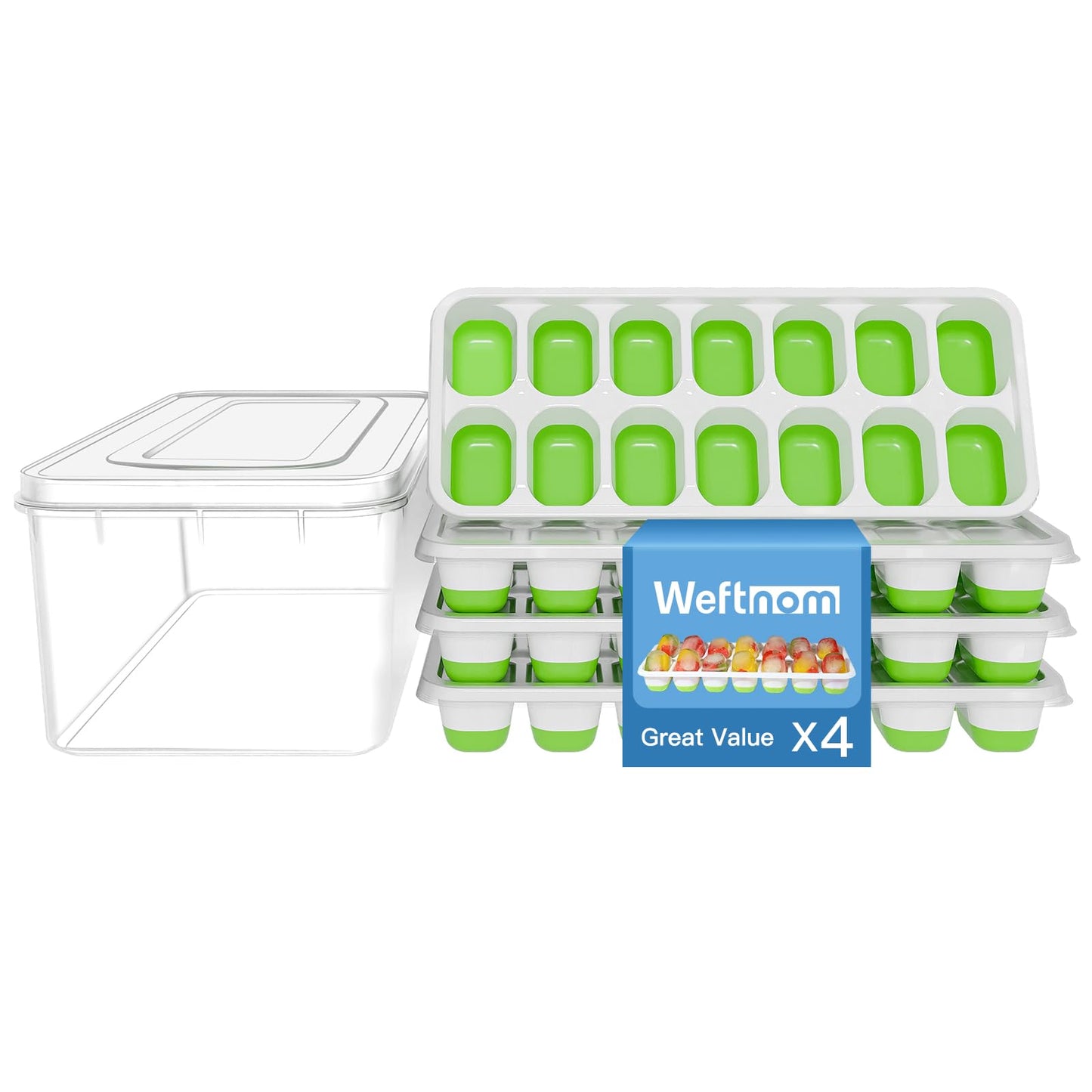 Ice Cube Tray, Ice Cube Trays for Freezer 4 Pack with Lid and Bin, Ice Tray Easy-Release, Ice Trays for Freezer Stackable, Silicone Ice Cube Tray for Drinks, Coffee - BPA-Free and Odor-Free