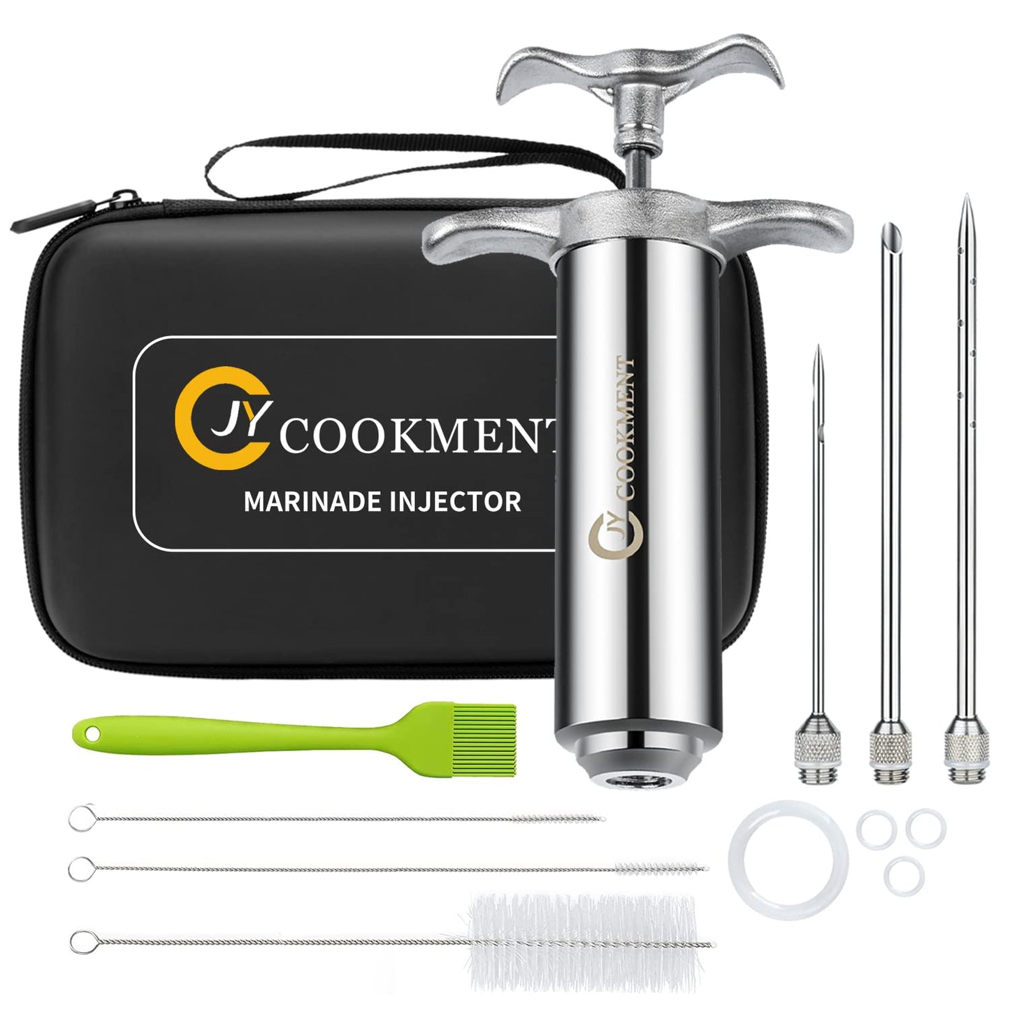 Meat Injector Syringe 2-oz Marinade Flavor Barrel 304 Stainless Steel with 3 Marinade Needles, Travel Case for BBQ Grill Smoker, Turkey, Brisket, Paper Instruction and E-book Included by JY COOKMENT