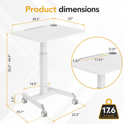 Mount-It! Laptop Cart Rolling Desk Adjustable Height with 28.5" x 22" Tabletop, Ergonomic Sit-Stand Workstation on Wheels Portable for Home Office, Dorm, Classroom, White