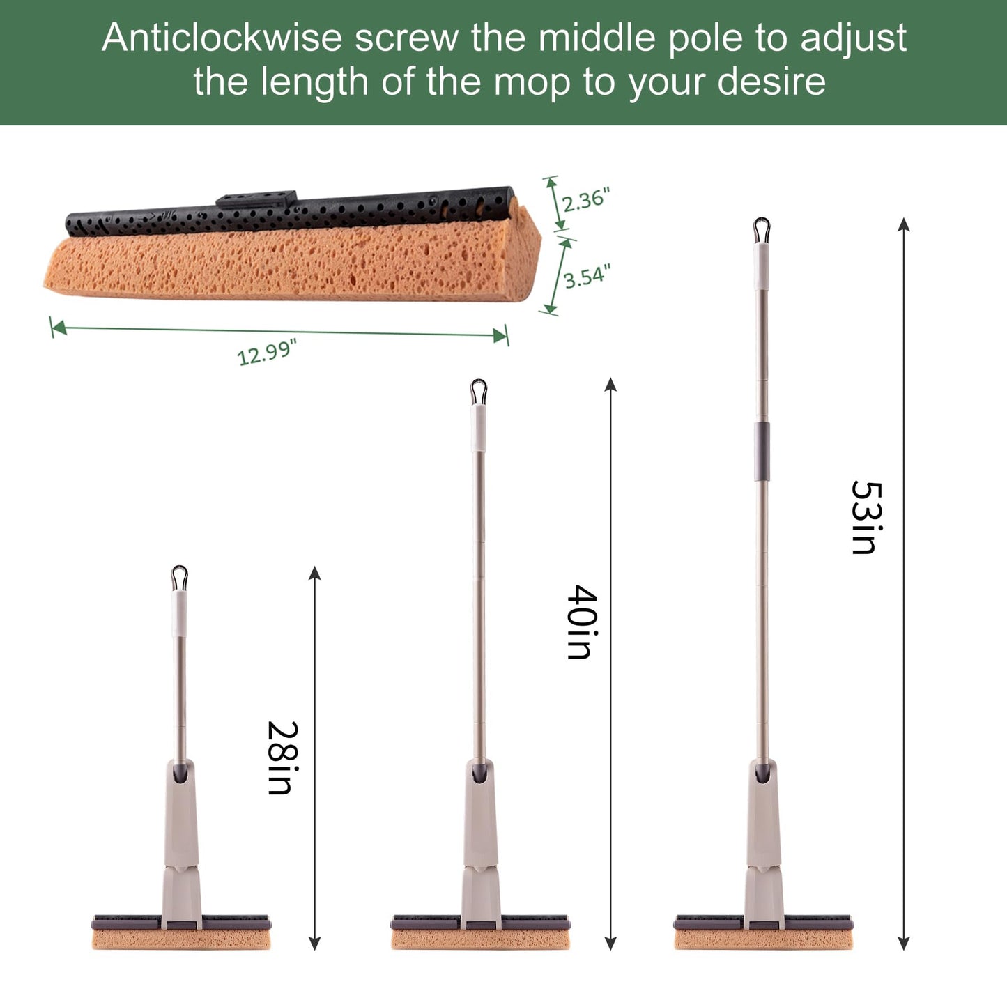 Eyliden Sponge Mop with 2 Reusable Heads | Self-Wringing Floor Mop with Absorbent Honeycomb Sponge | Kitchen Bathroom Hardwood Laminate Tile Marble Floors Cleaning for Home and Commercial Use