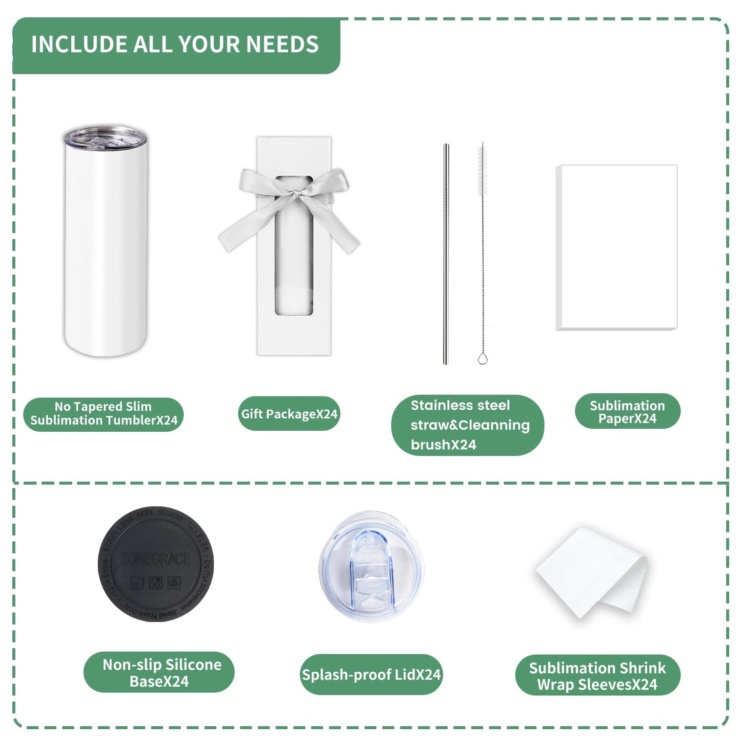 Sublimation Tumblers bulk 20 oz Skinny, 24 Pack Stainless Steel Double Wall Insulated Straight Sublimation Tumbler Cups Blank White with Lid, Individually Box,Polymer Coating for Heat Transfer