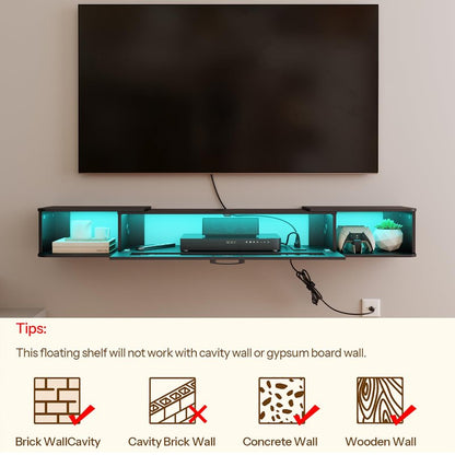 HOOBRO Floating TV Stand with LED Light Power Outlet for TVs up to 75”, Wall Mounted TV Shelf, Modern Media Console Entertainment Center Under TV, for Living Room Bedroom, Black BK36UDDS01G1